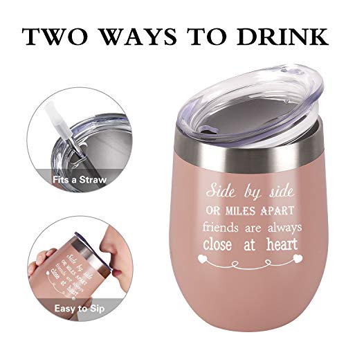 Side By Side or Miles Apart Friends Are Always Close at Heart Wine Tumbler with Lid and Straw, 12 Oz Stainless Steel Insulated Wine Tumbler Idea for Friends Girlfriend Coworker, Blush Gold - Thumbnail 4