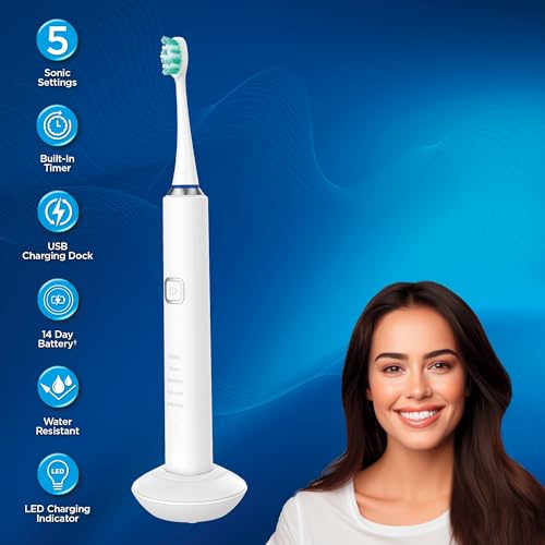 Miracle Smile Sonic Toothbrush, 40,000 VPM Electric Toothbrush with 5 Cleaning Modes, Includes 6 Brush Heads, USB Dock & Travel Case, Cordless, Water Resistant Rechargeable Toothbrush - Image 3