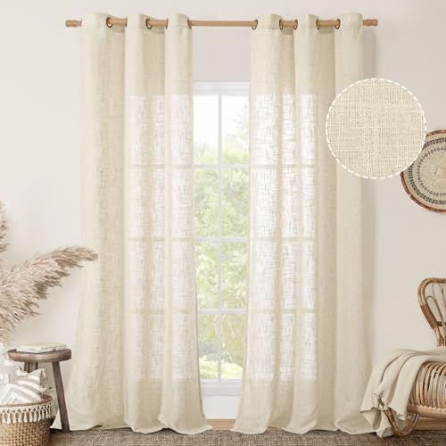 Image of LAMIT Beige Linen Curtains for Living Room 2 Panels Set, 84 Inch Linen Textured Light Filtering Drapes Bronze Grommet Boho Panels for Farmhouse /Bedroom /Porch, 38 x 84 Inch