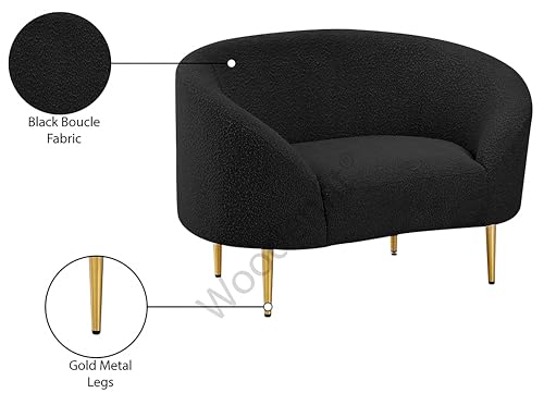 Image of Rosewood Luxury Curved Sofa in Premium Boucle Fabric | Solid Wood Structure | High Density Foam | Sturdy Golden Legs | Comfortable & Stylish Couch for Modern Living Room (Black, 1 Seater)