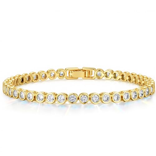 TINGN Gold Tennis Armband Damen 14K Vergoldetes Tennisarmband Elegantes White Cubic Zirconia Armband Classic 3mm Rund Geschliffen Armkette Schmuck Geschenk für Damen Frauen 6.5 Inch