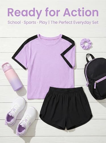 Image of SELINK Girls Travel Outfits Set Rainbow Striped Two Piece Lounge Sets Casual Sweat Tracksuit Matching Runner Shorts