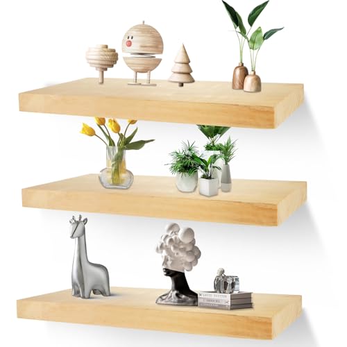 QTLCOHD Juego de 3 estantes flotantes de madera, estantes flotantes de madera rústica de 15.7 pulgadas, estantes flotantes de madera para pared, baño, cocina, sala de estar, dormitorio, casa de campo