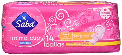 Cuidado Femenino, Drugstore Saba Toallas Sanitarias para Dama Intima Clip con Alas Regular, color Rosa, 14 Piezas