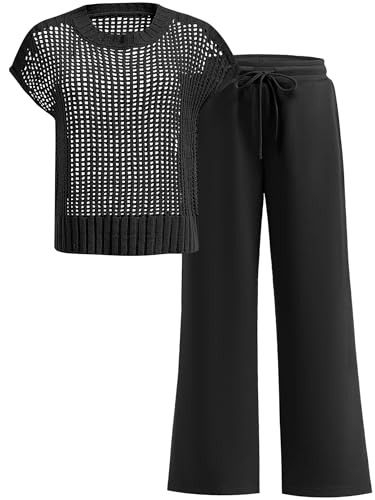 OUKODS Women Two Piece Outfits Crochet Sheer Knit Sweater Top Wide Leg Pants Lounge...