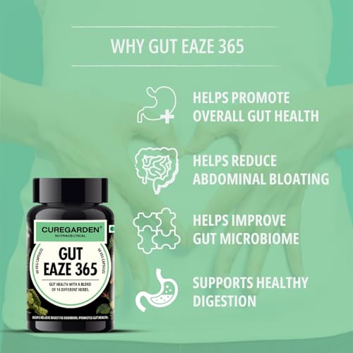Image of Curegarden Gut Eaze 365 | Probiotic & Prebiotic Gut Health Supplement | 60 Capsules | Supports Digestive Balance, Bloating Relief & Gut Lining | Curcumin + Slippery Elm + Triphala | Natural | Men & Women