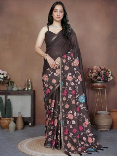 Image of SAMANTHA Black Floral Print Ready to Wear Linen Saree with Pocket & Adjustable Belt