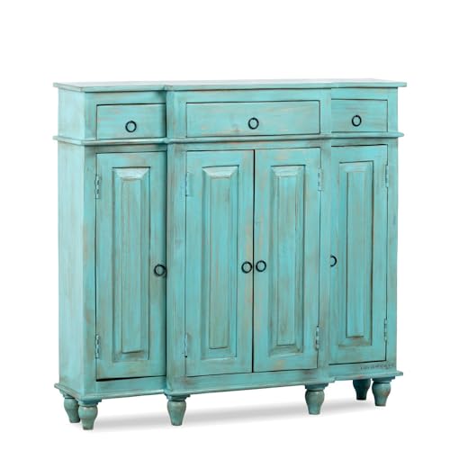 Image of Harvey Wooden Sideboard Cabinet for Living Room | Antique Wooden Cabinet for Storage Organizer with Doors | Cabinet for Home | Wooden Storage Furniture for Home | Turquoise Distress