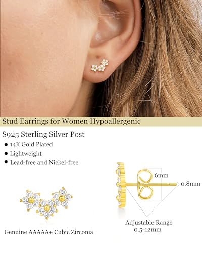 14K Gold Stud Earrings for Women Hypoallergenic 925 Sterling Silver Post Cartilage Climber Earring Dainty Pearl Star Earrings Flower Diamond CZ Earrings Stud Gold Jewelry3