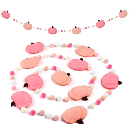 8.6FT Felt Pumpkin Garland Fall Pom Pom Banner Decorations Pre-Assembled Bunting Banner for Thanksgving Decorations Indoor Pumpkin Banner for Mantle Wall DecorPink