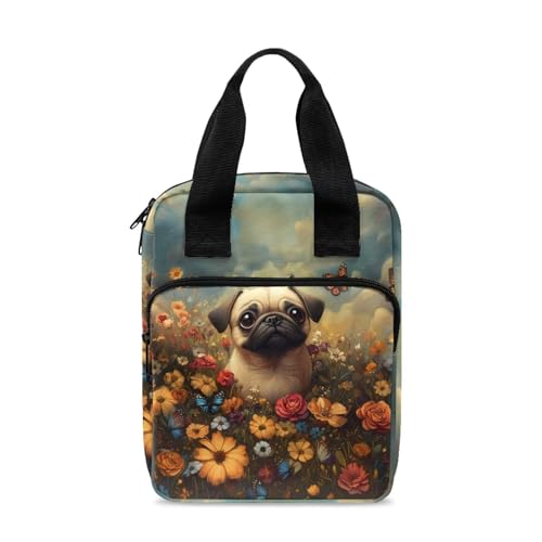 Talayituse Pug Dog Butterfly Flower Print Bible Cover for Women Men Bible Case Carrying Book Organizer Zipper Tote Bible Bag with Handle Pocket Bible Protective Holder