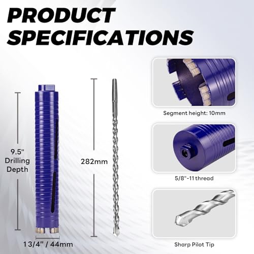 Image of 1-3 /4 inch Core Drill Bit with Pilot Bit & Adapters(SDS Plus and 1 /2 inch Hex), 5 /8 inch-11 Thread, 9.5 inch Depth, Upgraded-Welded Segments Diamond Core Bits for Concrete, Masonry, Brick Block
