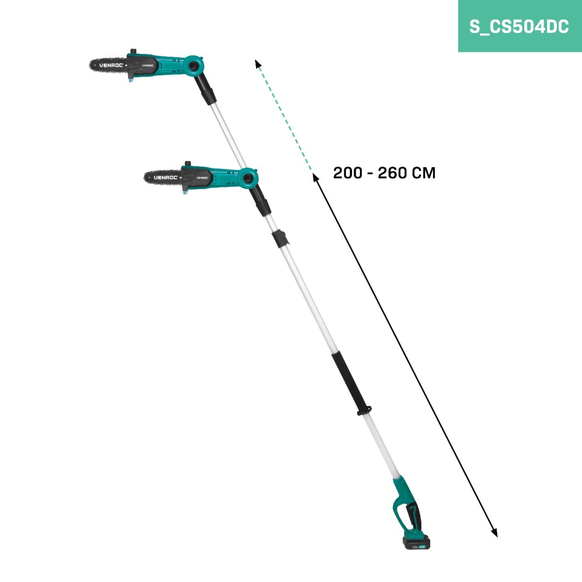 VONROC Teleskopowa Piła Łańcuchowa 20V 200mm, 260 cm, 5 m/s, Samosmarowanie, Regulowana Głowica 3 Pozycje, Akumulator 2.0Ah + Ładowarka – CS504DC (aku 2.0Ah i ładowarka)