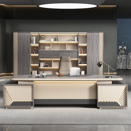 LSIGHTUS Brown 87" Executive Desk with File Cabinet, L Shaped Wood Computer Desk with Lateral Cabinet Writing Study Table Business Furniture Set for Home Office