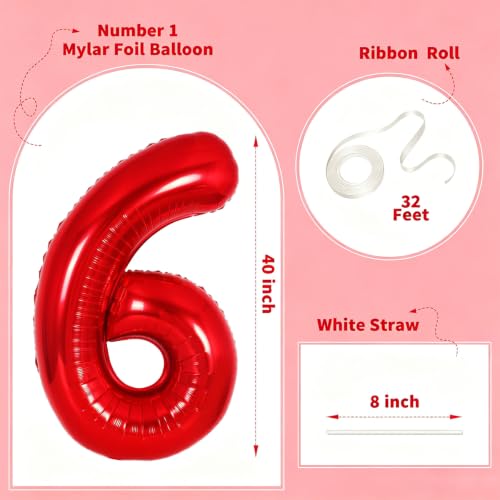 Image of Number Balloons Red Party Balloon - 40 Inch Large Number 6 Balloon, Numbers Balloon Birthday Decorations, Red Party Supplies for Anniversary