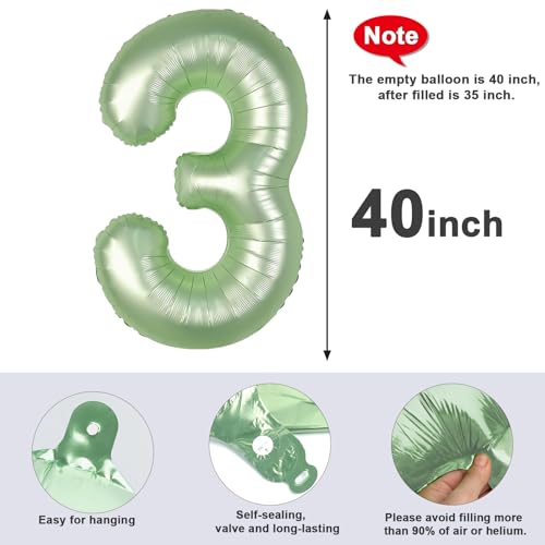 Image of 3 Balloon Numbers Birthday Decorations, 40In Sage-Green Balloons for Party | Eye-catching Appearance, Perfect Decorative Centerpieces, Convenient Self-sealing Structure, Widely for Various Occasions