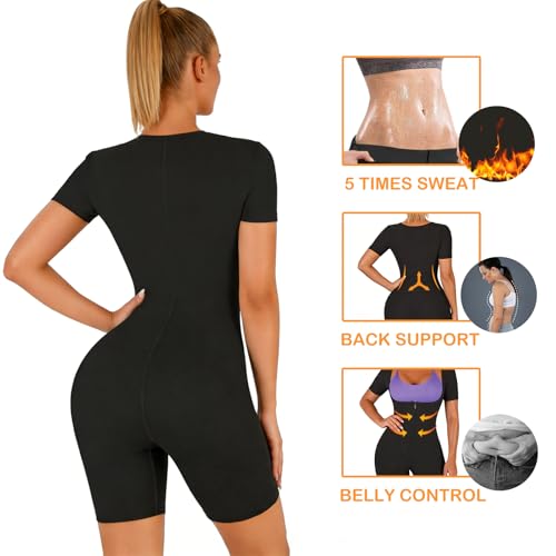 Traje de sauna de manga corta con cremallera para deportes de mujer en color negro 2