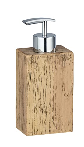 WENKO Dosificador de jabón Marla - Dispensador de jabón líquido en elegante apariencia de madera Capacidad: 0.25 l, Poliresina, 7 x 16.5 x 5 cm, Marrón