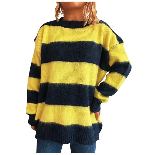 Women's Striped Sweater Casual Pullover Tops Long Sleeve Color Block Stretch Crochet Knit Jumper Fall Winter Outfit