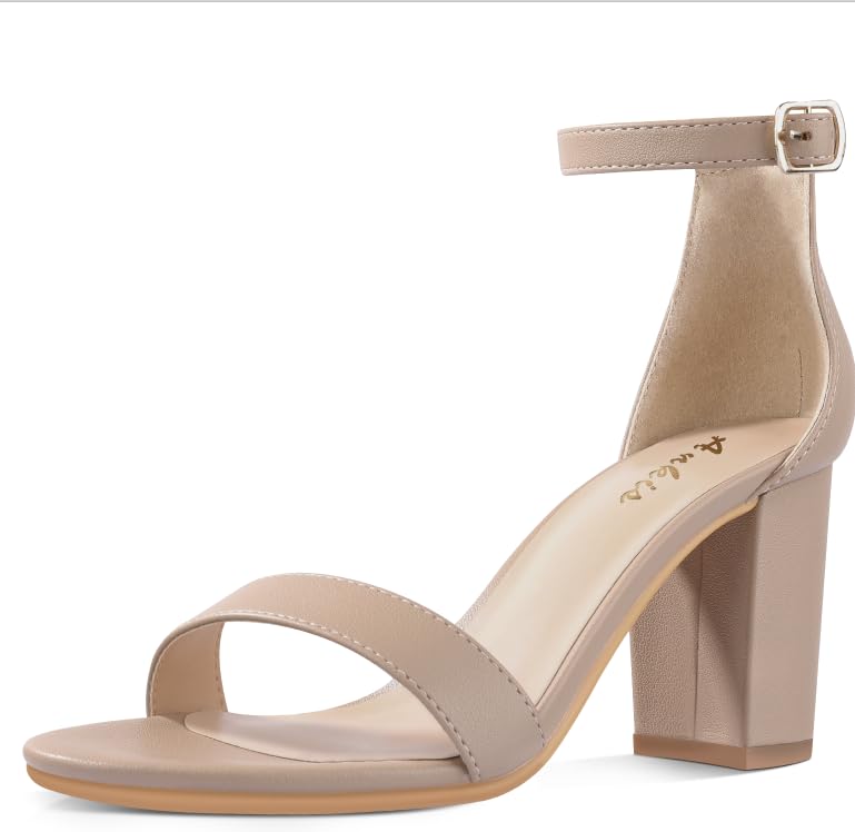 Image of Ankis Beige Heels for Women - Open Toe Ankle Strap Chunky Heel Pump Sandals Party Wedding Strappy Buckle Sandals Standard Size 2.75 Inches Tall Thick Heel Design (Beige, numeric 11)