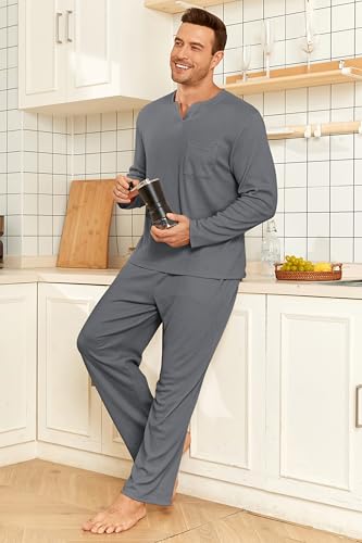 Image of JiniGolla Mens Pajamas Set Soft Short Sleeve Top and Pant Loungewear Sets 2 Piece Pjs with Pockets