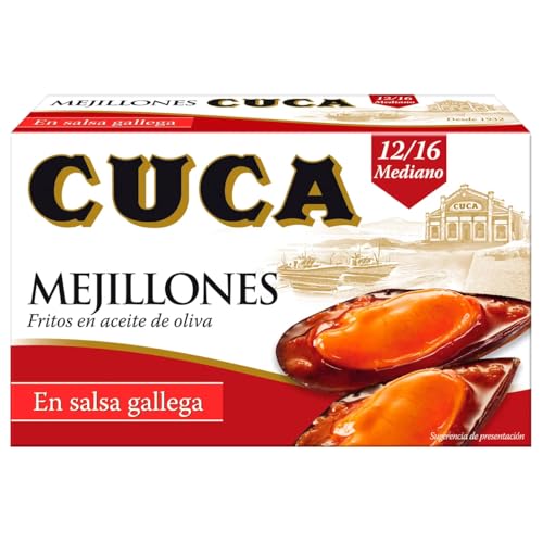 Cuca mejillones fritos en aceite de oliva, salsa gallega, lata de 12/16 unidades de 65 g, paquete de 9.
