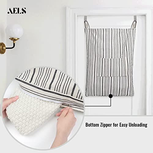 Bolsa de lavandería de lino para puerta con rayas beige y negras 3