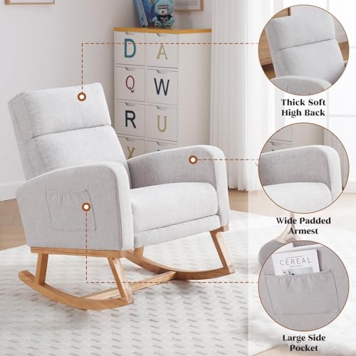 Image of HCHAIRH Rocking Chair Nursery with Foot Rest, Nursing Rocking Chairs for Mom Breastfeeding, Rocker Glider Chair with High Backrest for Living Room, Bedroom, Light Grey