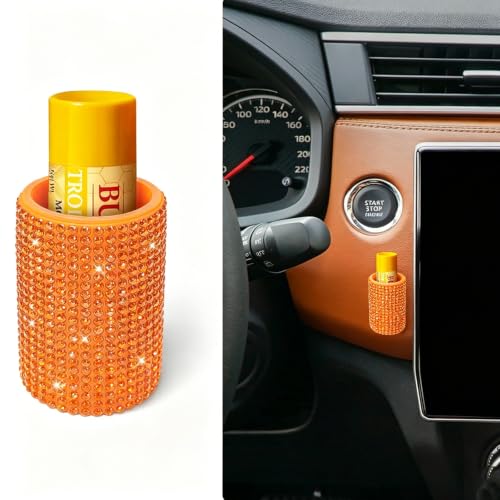 Image of Upright Car Chapstick Holder, Bling Insulating Lip Balm Holder,Rhinestone Car Accessories for Women Interior ,Suitable for Most Vehicles. (Orange)