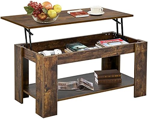 VEVOR Table Basse, 800 Mm, Table De Salon Carrée à Plateau Relevable à Charnière Avec Compartiment De Rangement, Table De Cocktail Rustique En Bois Pour Chambre, Appartement, Studio, Gris Et Blanc