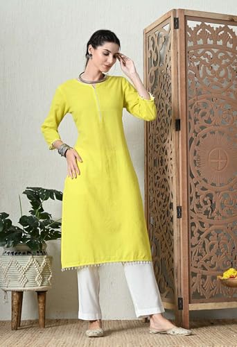 Image of Amazon Brand - Tavasya Women Cotton Katha Straight Regular Fit Kurta | Solid Ethnic Kurti | 3 /4 Sleeve Casual & Office Wear |Kurta for Women