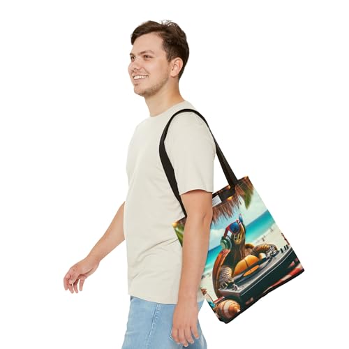 Premium Tote Bag with Reinforced Stitching Featuring a DJ Turtle Spinning Records at a Beach Party3
