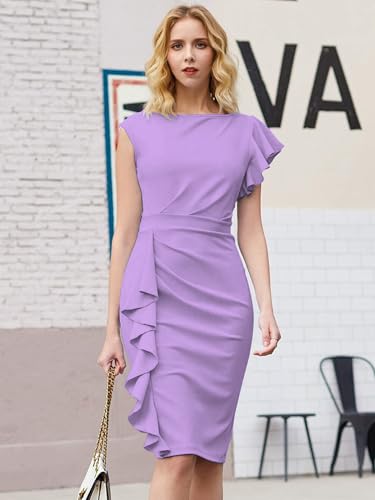 Image of Shasmi Girl's & Women's Asymmetrical Sleeve Ruffle Trim Cocktail Party Fitted One Piece Knee Length Midi Dress for Women Stylish Dresses (Midi 169)