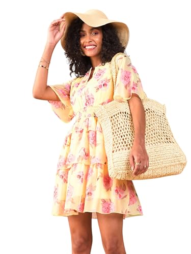 Image of SASSAFRAS Women's Layered Hem Short- Floral Printed Flared Sleeve Layered Georgette Fit & Flare Dress