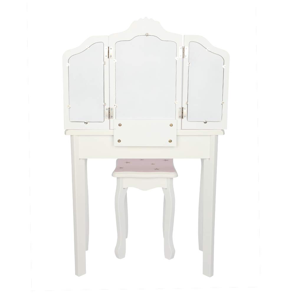 LALAHO Tocador para niños con taburete, mesa de maquillaje para niñas, tocador con cajón con dos espejos plegables de 180° para niñas de 3 a 9 años (Blanco y Rosa)