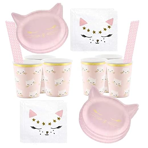 Libetui Juego de 64 piezas de vajilla para gatos, fiestas infantiles, cumpleaños infantiles, platos de nacimiento, tazas, servilletas, fiestas, niños, adultos, para hasta 12 personas