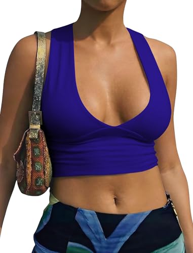 AEPEBO Sexy Crop Tops for Women Deep V Neck Back Cutout Sleeveless Plunge Racerback Tank Cropped Top RoyalBlue M