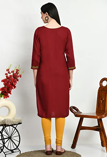 Image of QAZMI Women's Rayon Cotton Keyhole Neck Three-Quarter Sleeves Kashmiri Embroidered Straight Kurta