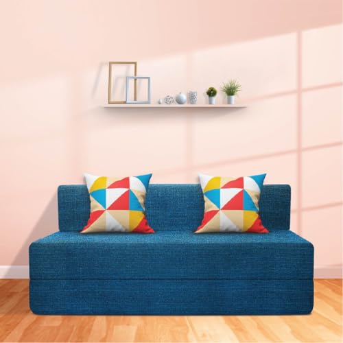 Image of Starlon 3 Seater Sofa Cum Bed Foldable 3-in-1 Sofa Bed with 1 Year Warranty, Washable Jute Fabric Cover & 2 Geometrical Pillows | Aqua Teal 5x6.5 Ft
