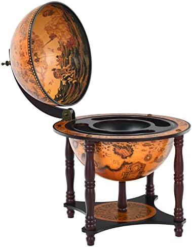 TANGZON Globe Wine Stand, Tabletop Drink Liquor Storage Cabinet with Convenient Handle and 4 Wood Legs, Retro Style Beverage Bottle Champagne Holder for Bar, Kitchen and Living Room (Brown)