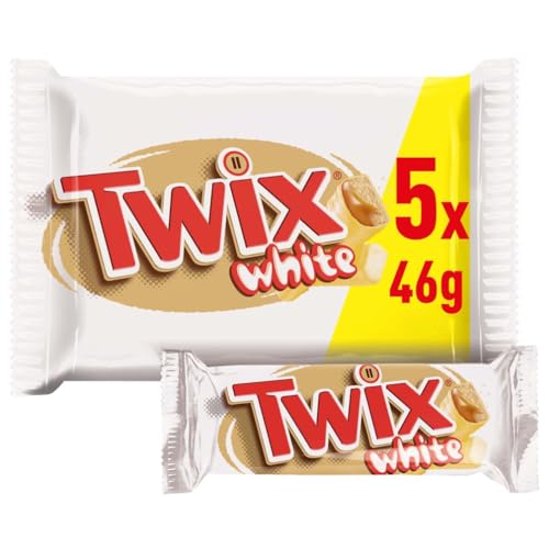 Twix White Chocolatina con Galleta crujiente y suave caramelo recubiertos de chocolate blanco, en barrita doble, Multipack (5 x 46g)