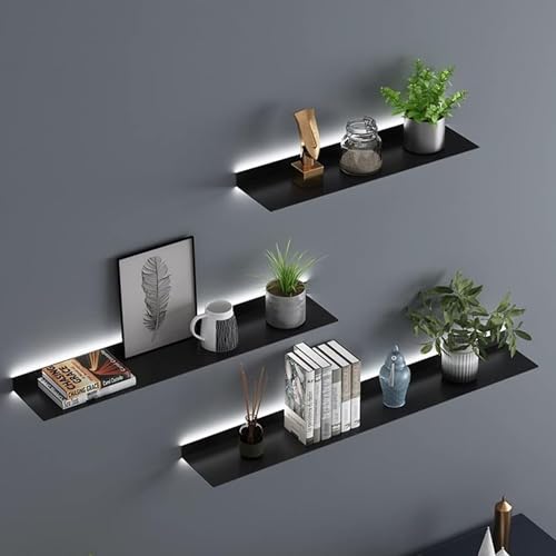 Estantes flotantes de metal modernos con luz LED integrada para dormitorio, cocina, baño, organizador de almacenamiento de montaje en pared (negro, 180 cm)
