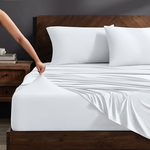 Image of Bare Home Cooling Performance Jersey Knit Stretch Sheet Set, Moisture-Wicking & Breathable, 4-Way Stretch Bed Sheets, Envelope Pillowcases (Twin, White)