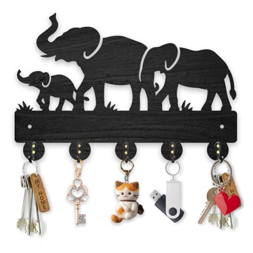 MAYJOYDIY Wood Elephant Family Coat Rack Wall Mount, Wild Animal Key Hangers 30×20cm