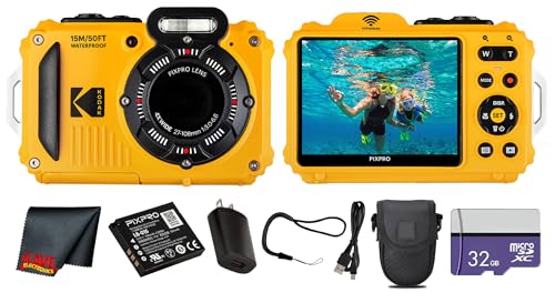 Kodak PIXPRO WPZ2 Digital Camera (Yellow) | 16MP Sensor 4X Optical Zoom Waterproof Shockproof Design & Full HD Video | Great for Outdoor & Travel Photos (WPZ2YL) + 32GB Card + Case + Cleaning Cloth