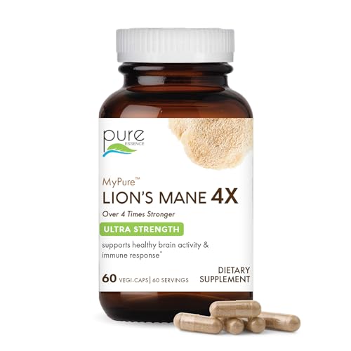 PURE ESSENCE LABS MyPure Lion's Mane 4X - Ultra Strength Brain Support Supplement with 6:1 Hot Water Extract & 10:1 Extract for Cognitive Health, Focus, Memory & Mental Clarity, 60 Capsules