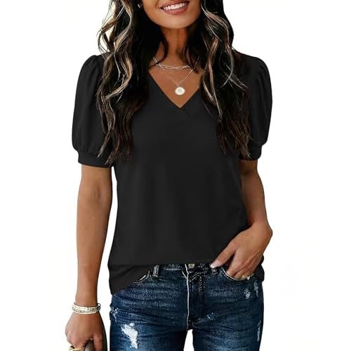 Rapbin Womens Summer Tops Puff Short Sleeve Shirts V Neck Blouses Business Casual Tunic Spring Fashion Clothes 2026 Black Medium