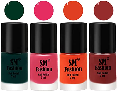 Image of Nail Polish Combo Set (Pack of 4) Quick Dry Gel Finish Nail Paint | Dark Green,Dark Rose Pink,Reddish Orange ,Jam | 7 ml Each