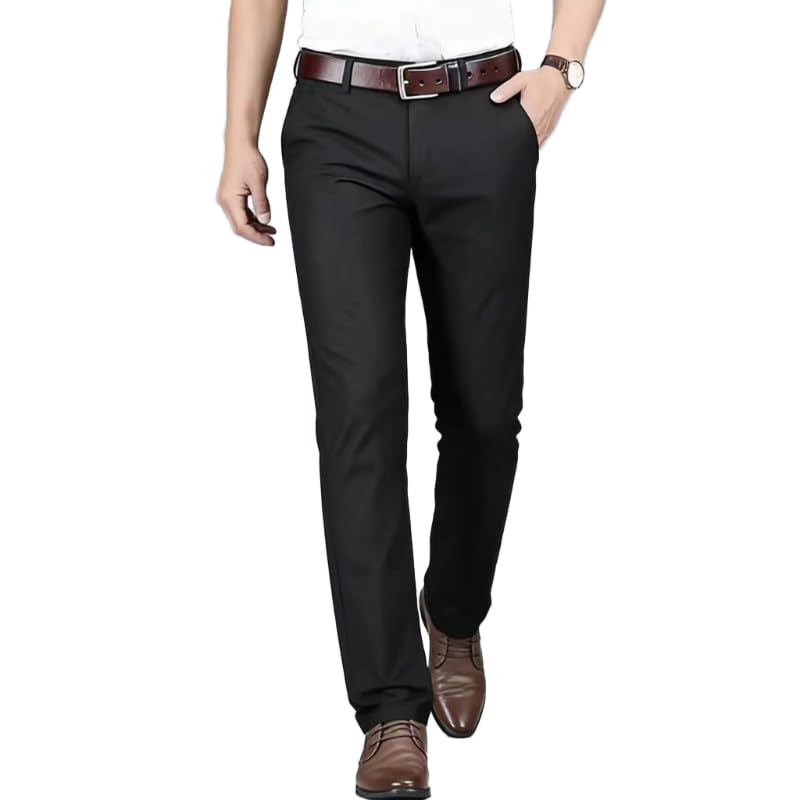 Mens Straight Fit Stretch Dress Pants Wrinkle-Resistant Four-Season Solid Color Slacks for Business Casual Wear