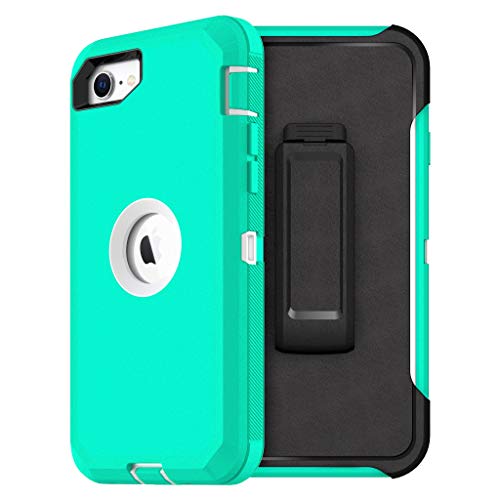 MXX iPhone SE 2020 Heavy Duty Protective Case with Screen Protector [3 Layers] Rugged Rubber Shockproof Protection Cover & Rotating 360 Degree Belt Clip for Apple iPhone SE 2020 (Aqua/White)